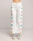 Pantalon denim corte recto con bordado de flores en el frontal - Tantra Spain