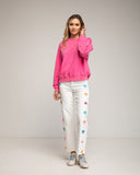 Pantalon denim corte recto con bordado de flores en el frontal - Tantra Spain