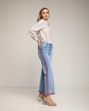 Pantalon denim corte recto con bordado lateral y flores en el bajo - Tantra Spain