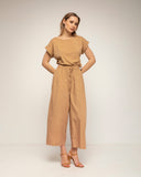 pantalon recto con bolsillos y cintura elastica (Camel) - Tantra Spain