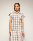 set de camisa de manga corta y falda de vuelo de cuadros (Brown) - Tantra Spain