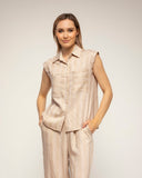set de camisa pantalon cintura elastica textura de rayas (Beige) - Tantra Spain
