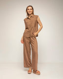 set de camisa pantalon cintura elastica textura de rayas (Brown) - Tantra Spain