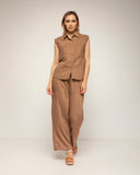 set de camisa pantalon cintura elastica textura de rayas (Brown) - Tantra Spain