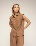 set de camisa pantalon cintura elastica textura de rayas (Brown) - Tantra Spain