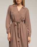 Vestido camisero de punto largo con bolsillos en el pecho y cinturon. (BROWN) - Tantra Spain