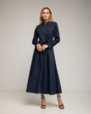 Vestido camisero midi con bolsillos en el pecho, falda de vuelo y cinturon. (DARKDENIM) - Tantra Spain