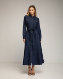 Vestido camisero midi con bolsillos en el pecho, falda de vuelo y cinturon. (DARKDENIM) - Tantra Spain