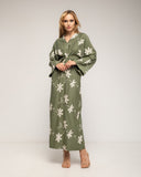 Vestido con drapeado en la cintura y en el pecho y flores bordadas - Tantra Spain