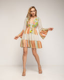 Vestido corto con bordados fluor y lentejuelas, manga larga con volante, cintura ajustable - Tantra Spain