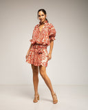 Vestido corto estampado con botones, cuello mao y cintura elástica y cinturón - Tantra Spain
