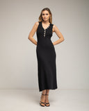 Vestido de punto largo plisado sin mangas con botones (NEGRO) - Tantra Spain