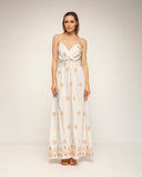vestido de tirantes con bordados de flores y espalda fruncida (Ecru) - Tantra Spain