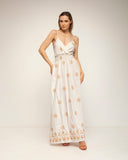 vestido de tirantes con bordados de flores y espalda fruncida (Ecru) - Tantra Spain