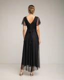 Vestido de tul largo con un pequeña manga, pligue y falda de vuelo , con tira para atar. (BLACK) - Tantra Spain