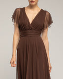 Vestido de tul largo con un pequeña manga, pligue y falda de vuelo , con tira para atar. (BROWN) - Tantra Spain