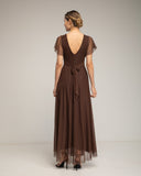 Vestido de tul largo con un pequeña manga, pligue y falda de vuelo , con tira para atar. (BROWN) - Tantra Spain