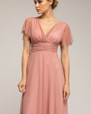 Vestido de tul largo con un pequeña manga, pligue y falda de vuelo , con tira para atar. (PINK) - Tantra Spain
