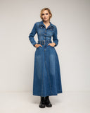 Vestido denim midi corte tipo A, con bolsillos, y cinturón extraible con presillas - Tantra Spain