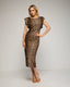 Vestido entallado midi de animal print con hombreras y fruncido en la cintura. - Tantra Spain