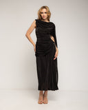 Vestido largo con drapeado en la cintura y cadera, cuello tipo barco drapeado y acabado tipo chal - Tantra Spain