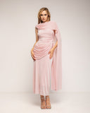 Vestido largo con drapeado en la cintura y cadera, cuello tipo barco drapeado y acabado tipo chal - Tantra Spain