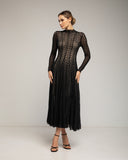 Vestido largo de manga larga de encaje con textura, falda de vuelo con pinzas (BLACK) - Tantra Spain