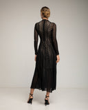 Vestido largo de manga larga de encaje con textura, falda de vuelo con pinzas (BLACK) - Tantra Spain