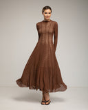 Vestido largo de manga larga de encaje con textura, falda de vuelo con pinzas (BROWN) - Tantra Spain