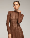 Vestido largo de manga larga de encaje con textura, falda de vuelo con pinzas (BROWN) - Tantra Spain