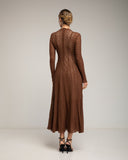 Vestido largo de manga larga de encaje con textura, falda de vuelo con pinzas (BROWN) - Tantra Spain