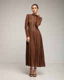 Vestido largo de manga larga de encaje con textura, falda de vuelo con pinzas (BROWN) - Tantra Spain