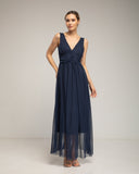 Vestido largo de tul de tirantes con pliegue en la cintura y falda de vuelo (Navy) - Tantra Spain