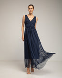 Vestido largo de tul de tirantes con pliegue en la cintura y falda de vuelo (Navy) - Tantra Spain