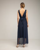 Vestido largo de tul de tirantes con pliegue en la cintura y falda de vuelo (Navy) - Tantra Spain