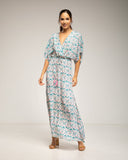 Vestido largo estampado animal paisley , con cuello cruzado, cintura fruncida y aperturas a los lados - Tantra Spain