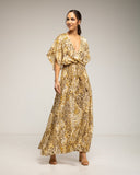 Vestido largo estampado animal print , con cuello cruzado, cintura fruncida y aperturas a los lados - Tantra Spain