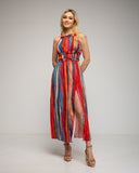 Vestido largo estampado de rayas de frunce en el cuello y cintura con apertura lateral. - Tantra Spain