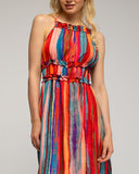 Vestido largo estampado de rayas de frunce en el cuello y cintura con apertura lateral. - Tantra Spain