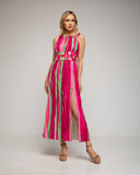 Vestido largo estampado de rayas de frunce en el cuello y cintura con apertura lateral. - Tantra Spain