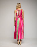 Vestido largo estampado de rayas de frunce en el cuello y cintura con apertura lateral. - Tantra Spain