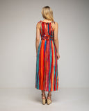Vestido largo estampado de rayas de frunce en el cuello y cintura con apertura lateral. - Tantra Spain