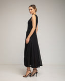 Vestido largo sin mangas de encaje con textura, falda de vuelo con pinzas. (NEGRO) - Tantra Spain