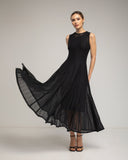 Vestido largo sin mangas de encaje con textura, falda de vuelo con pinzas. (NEGRO) - Tantra Spain