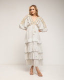 Vestido maxi con bordados de crochet y detalles de espejos, Volantes, manga francesa y ajustable a la cintura - Tantra Spain