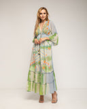 Vestido maxi con bordados étnicos y fluor, lentejuelas y espejos, ajustable a la cintura, manga francesa, tye dye y cuello pico - Tantra Spain
