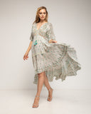 Vestido Maxi con lurex, y bordados, largo irregular, escote pico y manga al codo - Tantra Spain