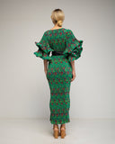 Vestido maxi estampado plisado con volantes en las mangas y cinturón. - Tantra Spain