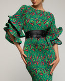 Vestido maxi estampado plisado con volantes en las mangas y cinturón. - Tantra Spain