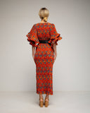 Vestido maxi estampado plisado con volantes en las mangas y cinturón. - Tantra Spain